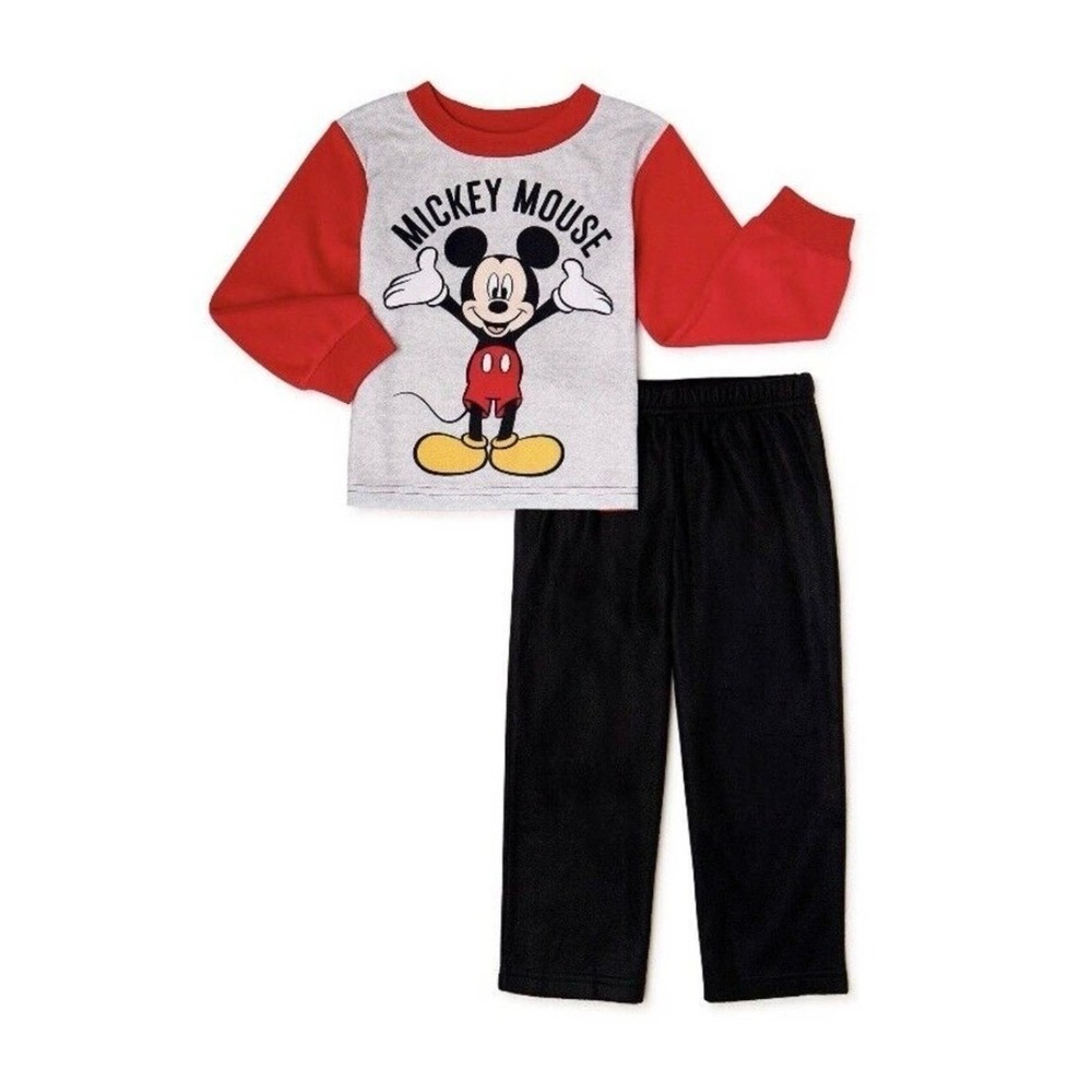 Disney Mickey Mouse Pajama Set Boys‎ 3T Red Gray NEW 2-Piece Flannel Sleepwear